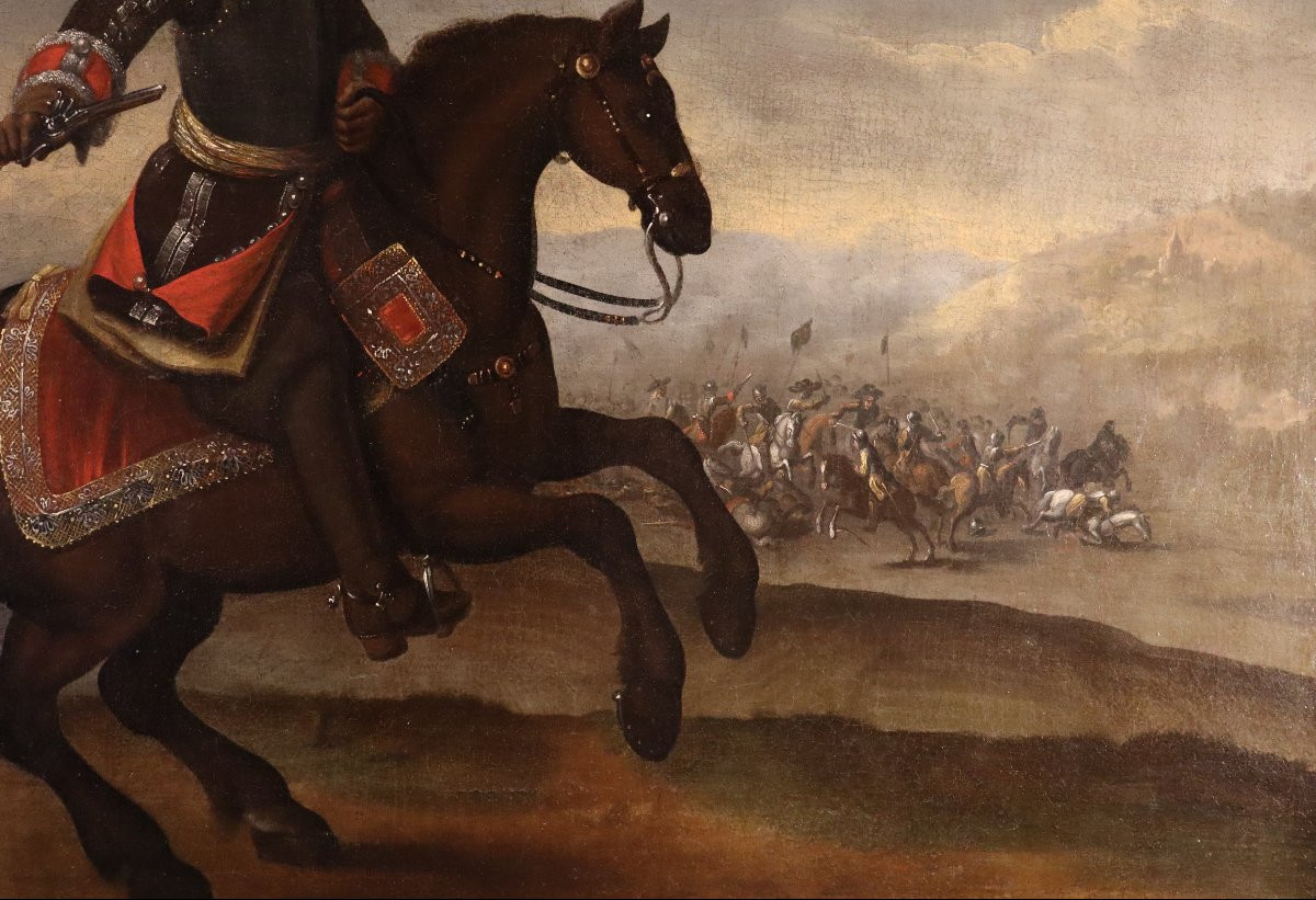 Ritratto equestre con scena di battaglia, Cerchia di Adam Frans van der Meulen (1632 - 1690)-photo-2