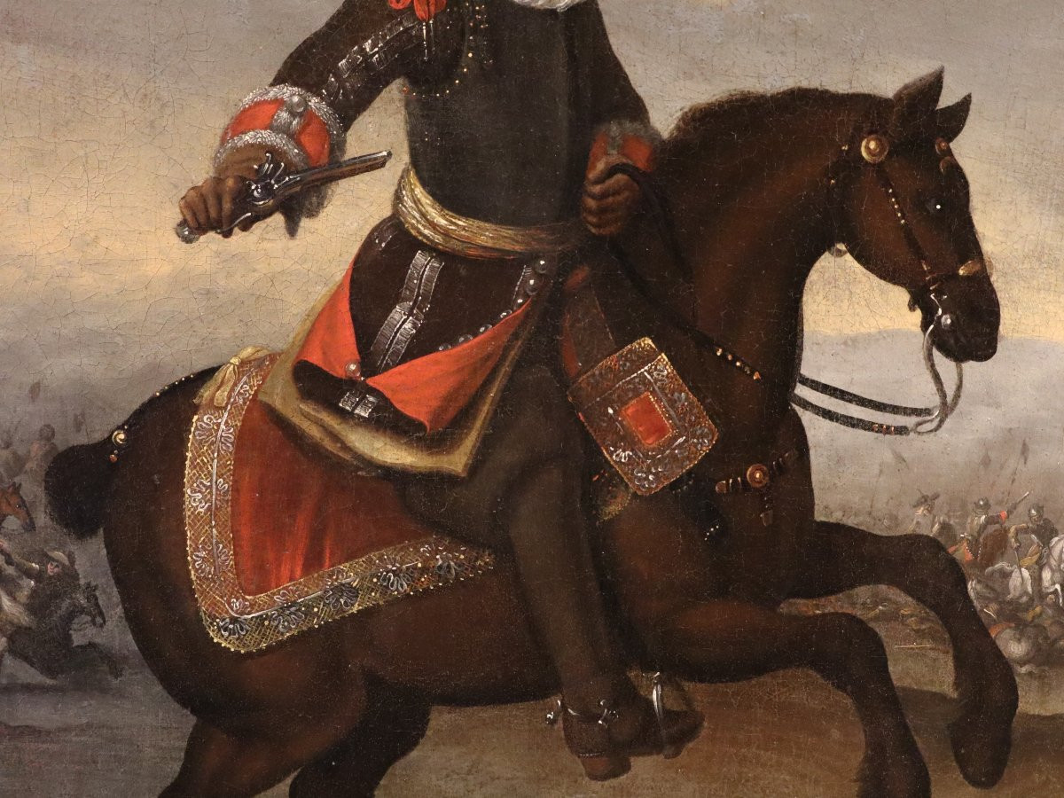 Ritratto equestre con scena di battaglia, Cerchia di Adam Frans van der Meulen (1632 - 1690)-photo-3