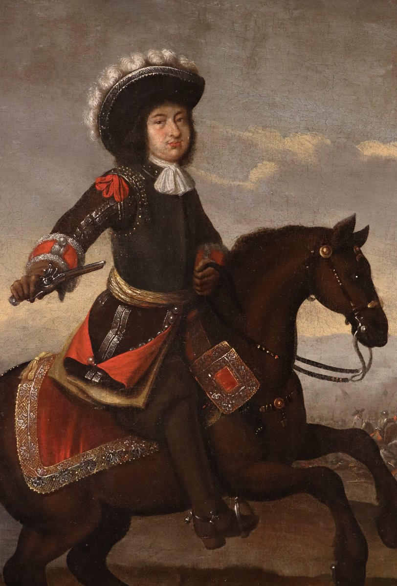 Ritratto equestre con scena di battaglia, Cerchia di Adam Frans van der Meulen (1632 - 1690)-photo-4