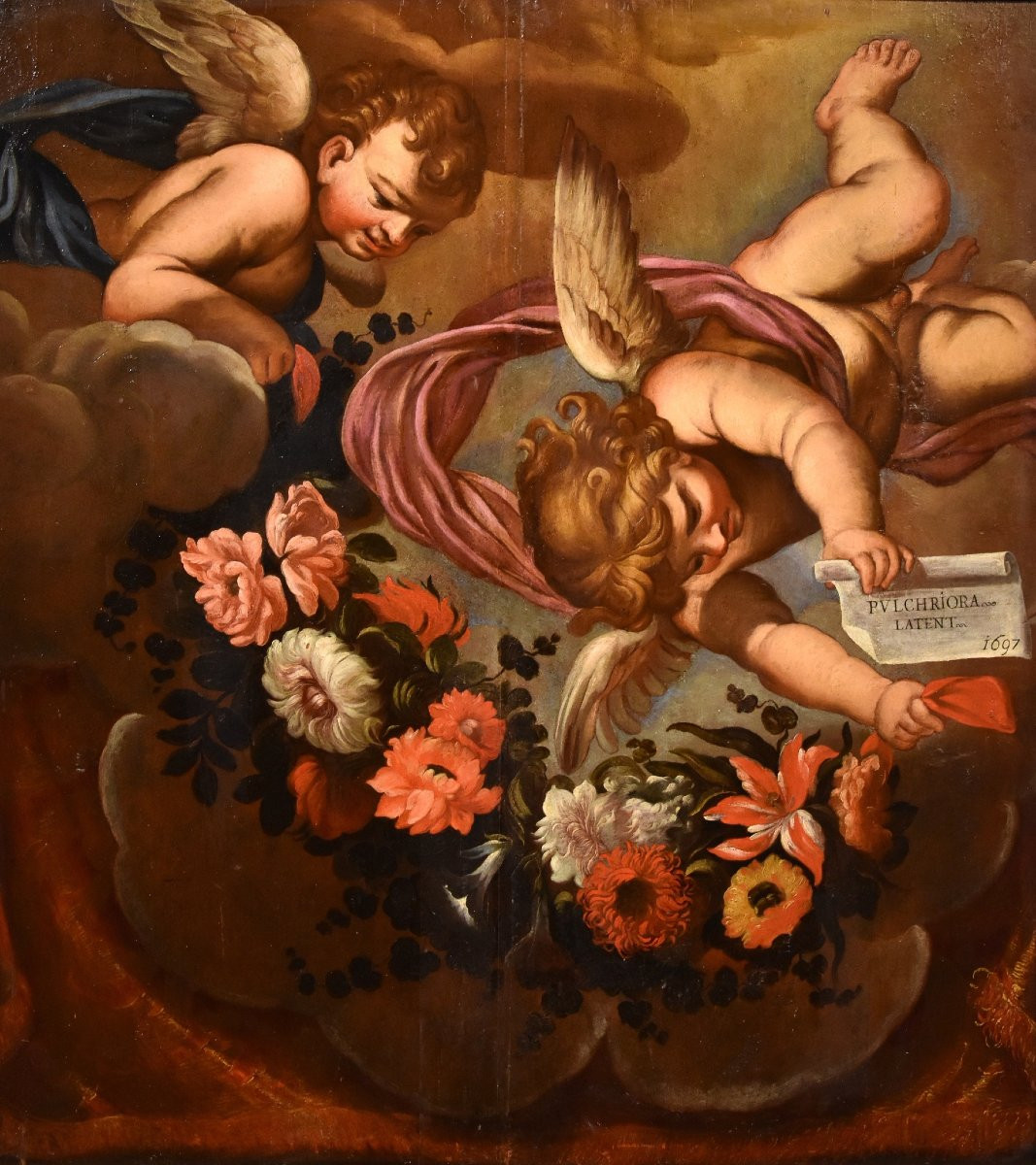 Coppia di angeli con festone floreale, Carlo Maratta (Camerano, 1625 - Roma, 1713) Bottega di -photo-2