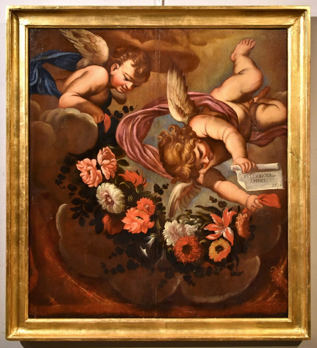 Coppia di angeli con festone floreale, Carlo Maratta (Camerano, 1625 - Roma, 1713) Bottega di 
