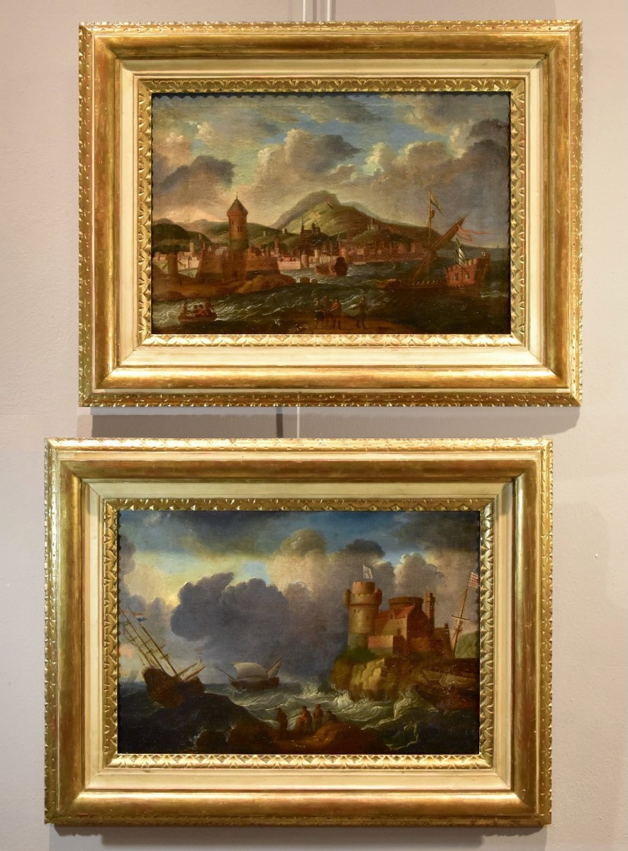 Coppia di vedute costiere, Cerchia di Peter Van de Velde (Anversa 1634 -1714)