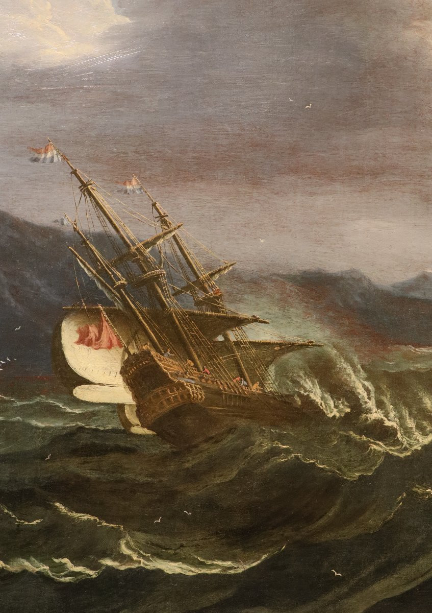 Marina in tempesta con vascelli, Matthieu Van Plattenberg (Anversa 1608 - Parigi 1660)-photo-4