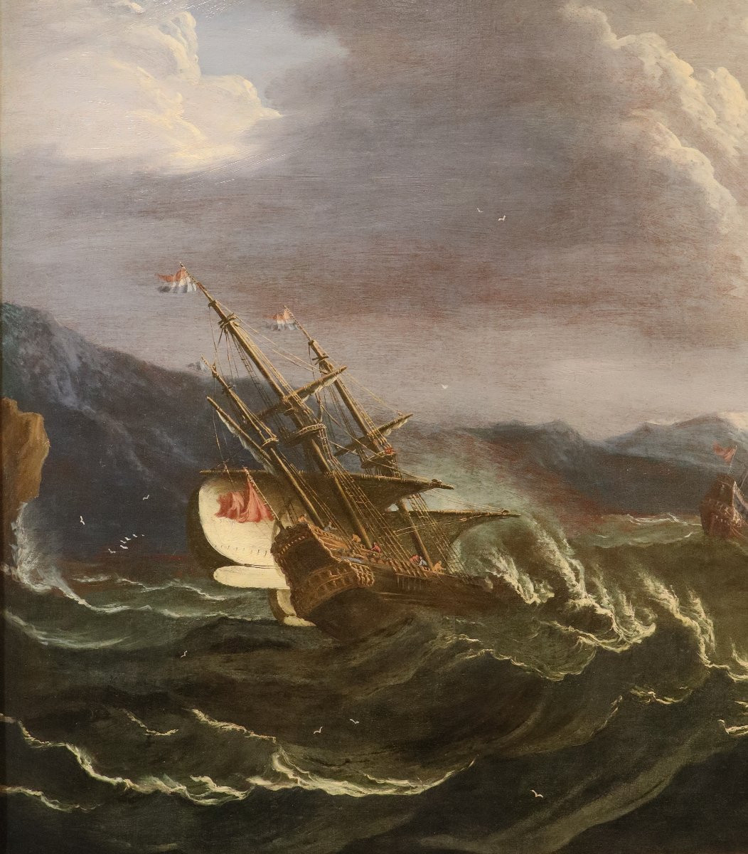 Marina in tempesta con vascelli, Matthieu Van Plattenberg (Anversa 1608 - Parigi 1660)-photo-1