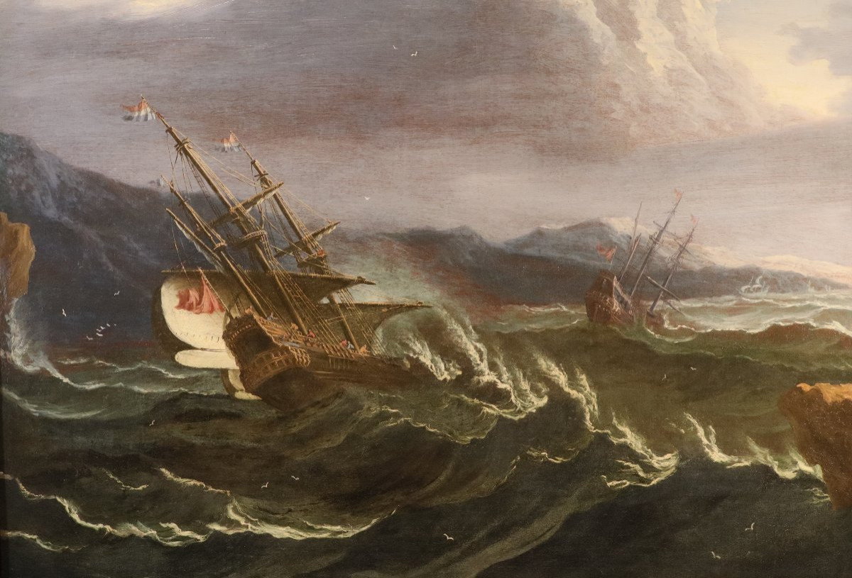 Marina in tempesta con vascelli, Matthieu Van Plattenberg (Anversa 1608 - Parigi 1660)-photo-2