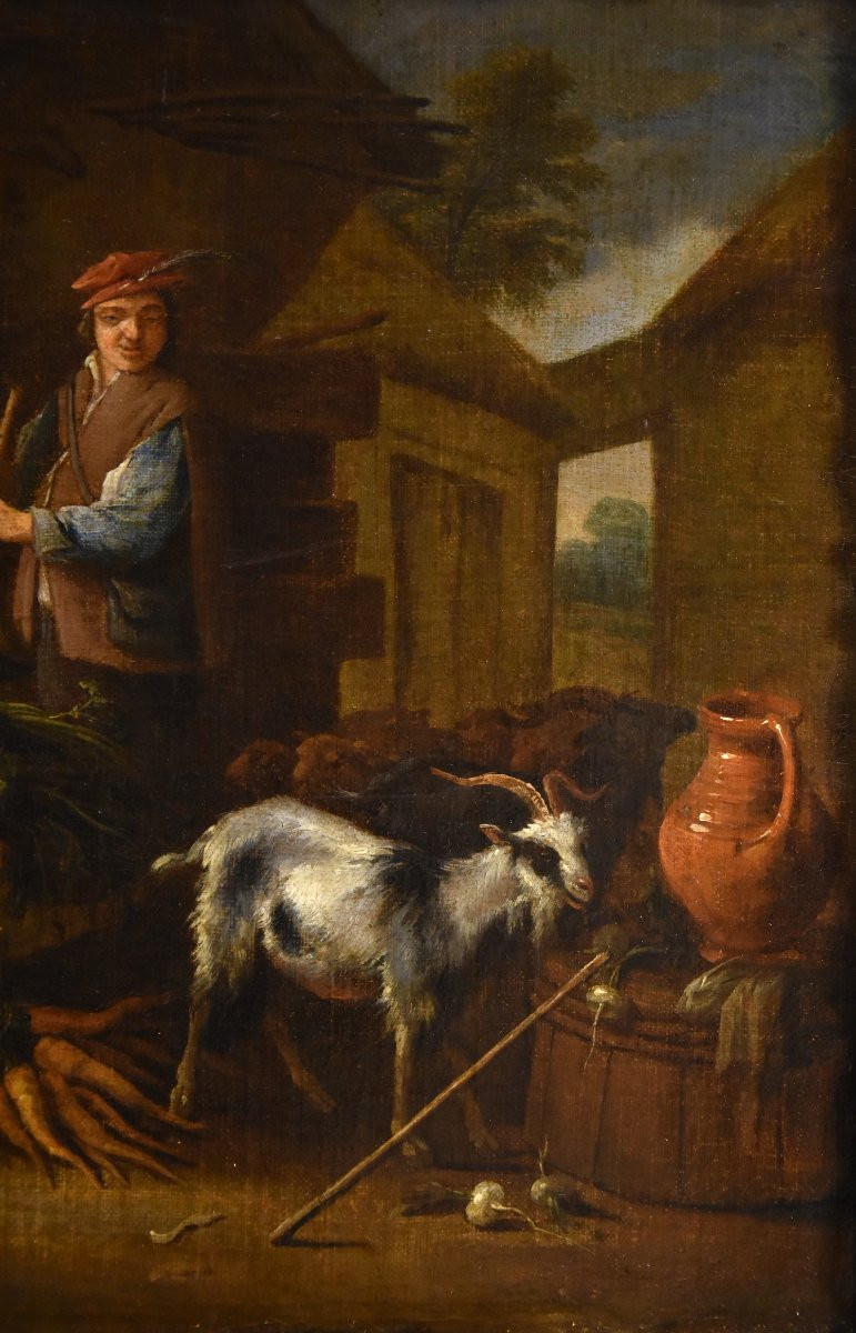 Adriaen de Gryef (Leida 1657 - Bruxelles 1722) firmato, Contadino nel cortile con natura morta -photo-1