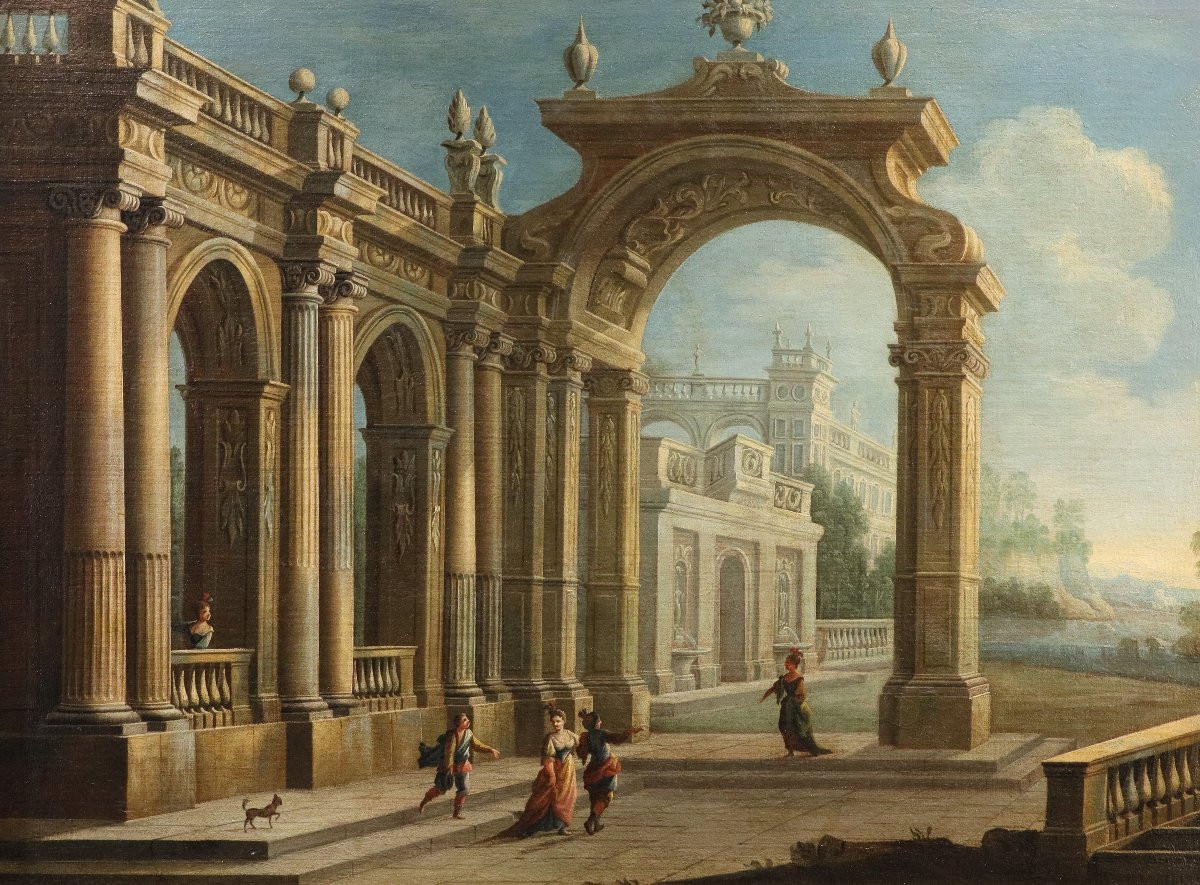 Pier Francesco Garola (Torino 1638 - Roma 1716), Capriccio architettonico con veduta costiera-photo-2