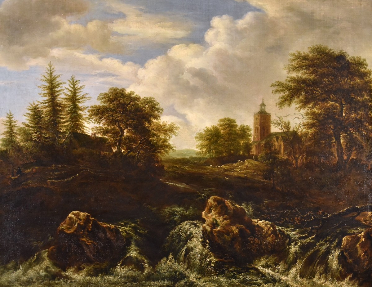 Paesaggio boscoso con cascata, Jacob van Ruisdael (Haarlem 1628 - Amsterdam 1682) attribuibile
