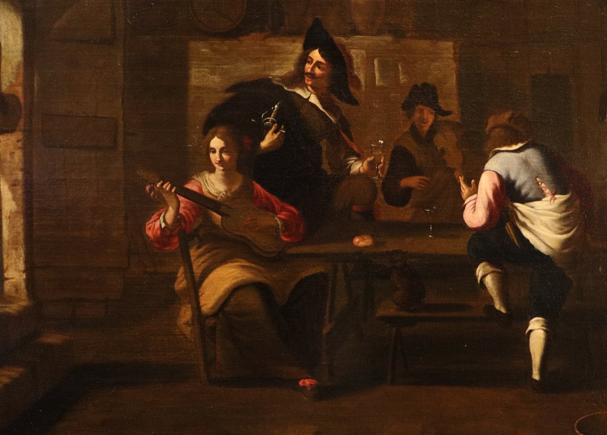 Compagnia di suonatori in una locanda, Caravaggesco attivo a Roma nel XVII secolo-photo-6