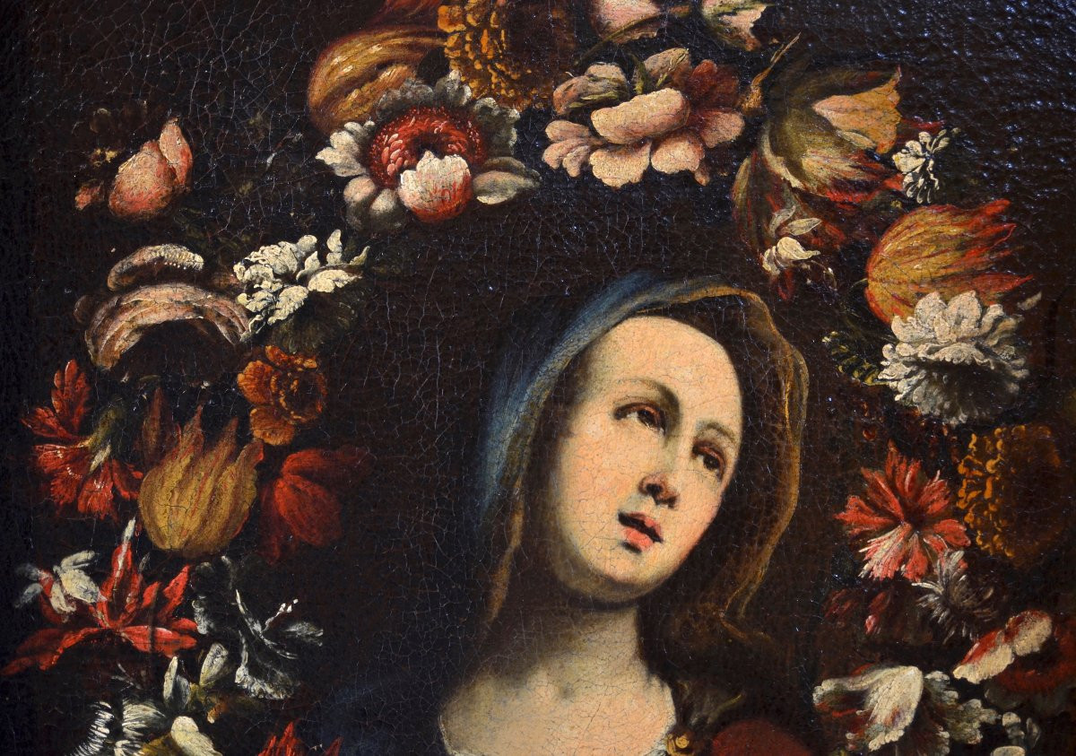 Ghirlanda di fiori con la Vergine, Giovanni Stanchi (Roma 1608 - 1675) bottega di-photo-3
