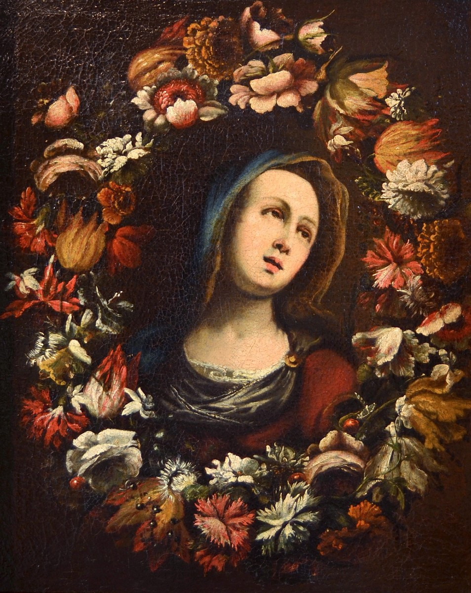 Ghirlanda di fiori con la Vergine, Giovanni Stanchi (Roma 1608 - 1675) bottega di