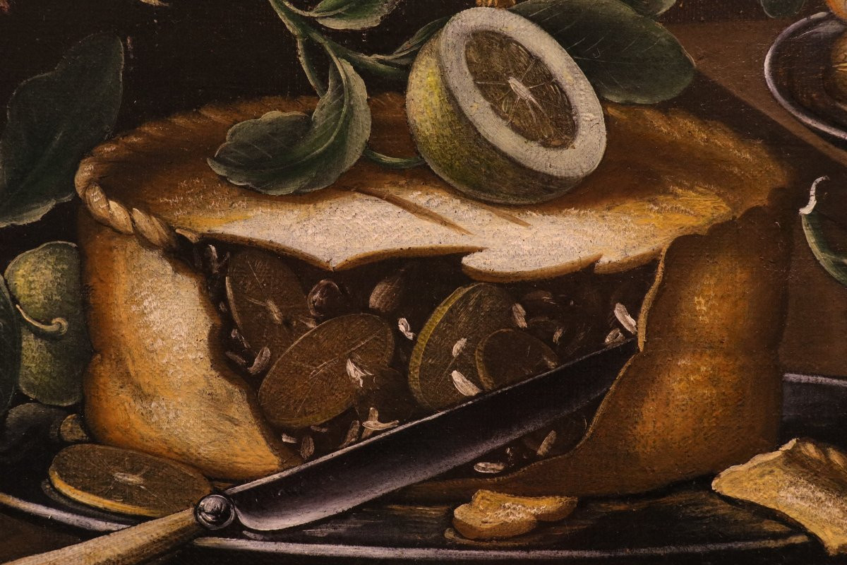 Pittore fiammingo del XVIII secolo,Natura morta con fiori e frutta, una torta, calice prezioso-photo-4