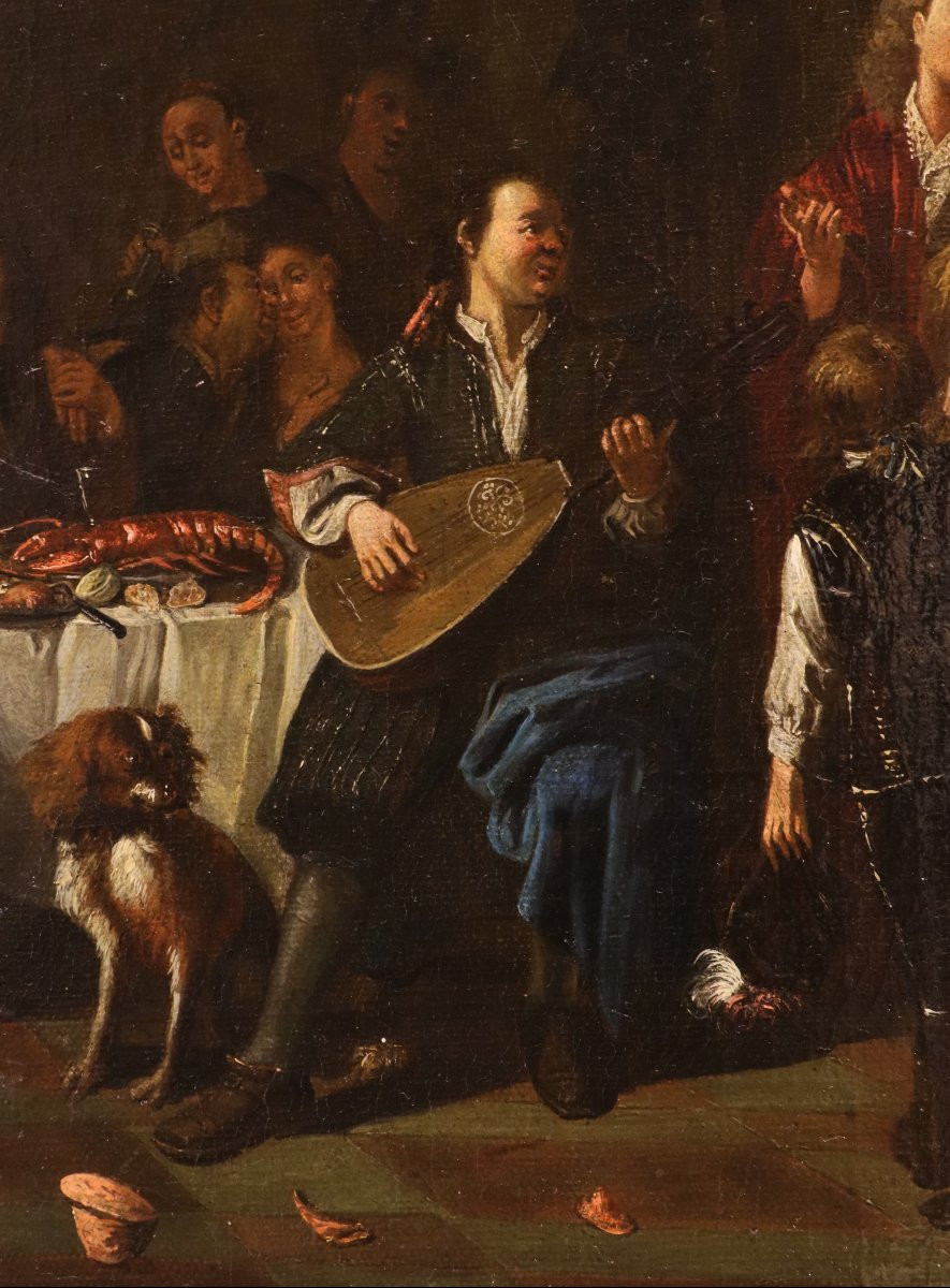 'Banchetto' e 'Rissa', Coppia di opere firmate Pieter Angillis (1685 - 1734)-photo-2