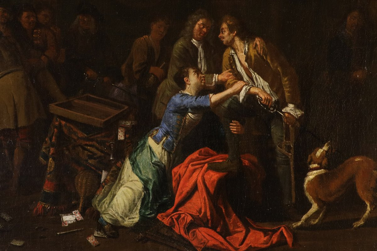 'Banchetto' e 'Rissa', Coppia di opere firmate Pieter Angillis (1685 - 1734)-photo-5