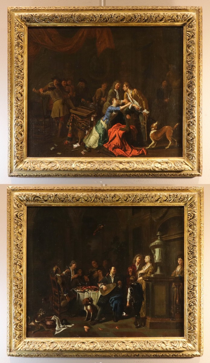 'Banchetto' e 'Rissa', Coppia di opere firmate Pieter Angillis (1685 - 1734)