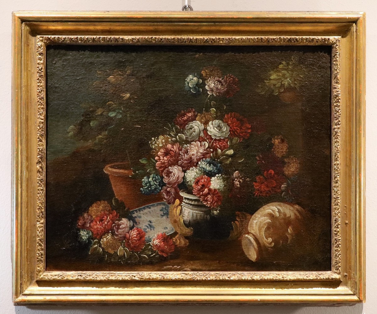 Natura morta di fiori in un giardino, Francesco Lavagna (Napoli, 1684 - 1724) cerchia