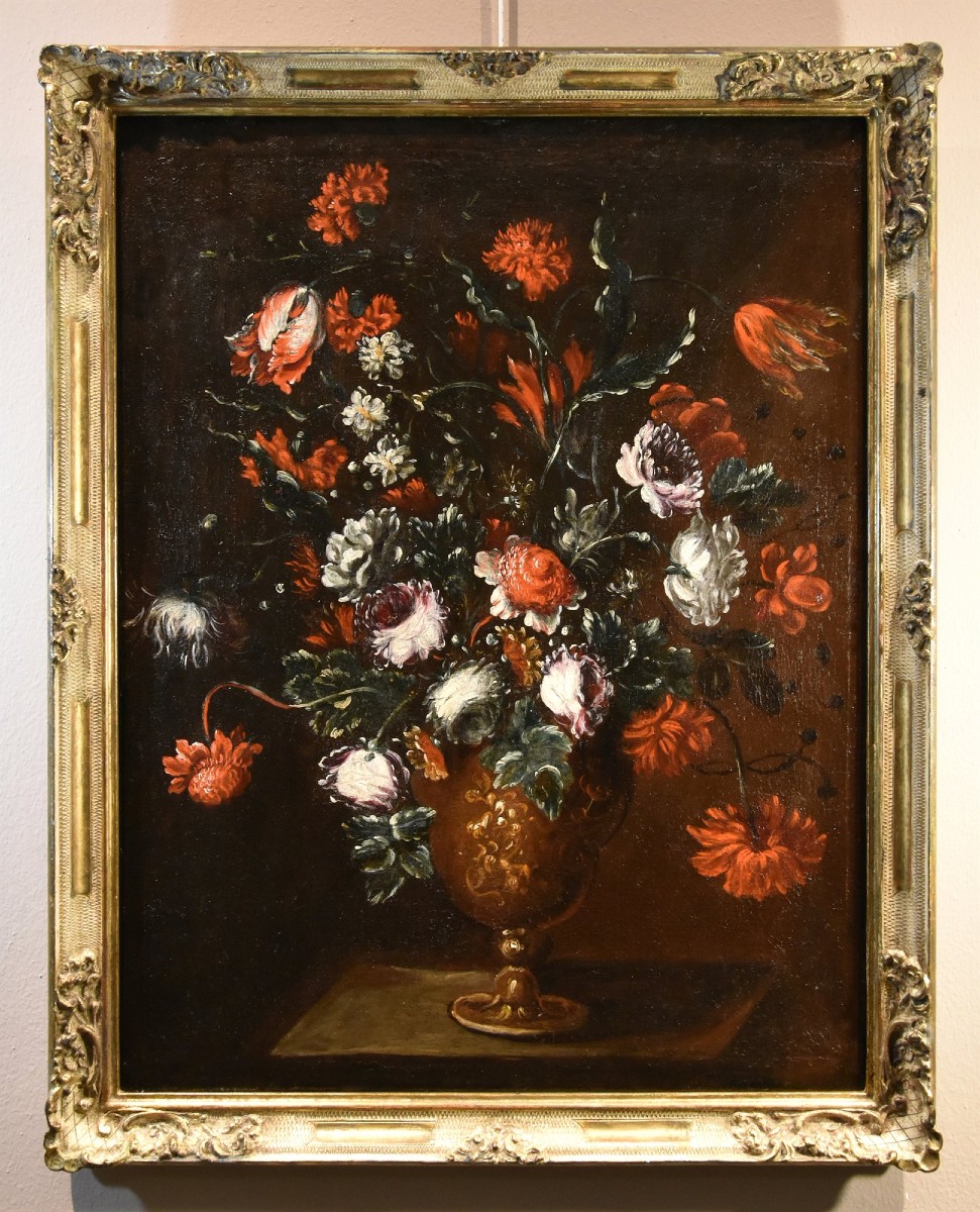 Francesca Volò Smiller (Milano, 1657 - 1700), Composizione floreale in vaso sbalzato