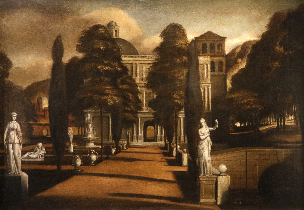 Veduta di una villa con giardino all'italiana, Isaac de Moucheron (Amsterdam 1667 - 1744)