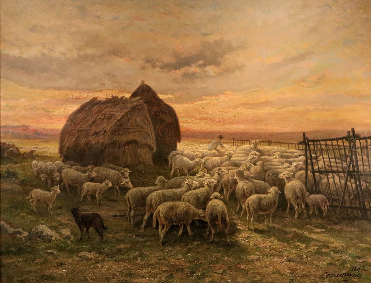 Paesaggio al tramonto con gregge al pascolo, Charles Ferdinand Ceramano (1829 – 1909)-photo-2