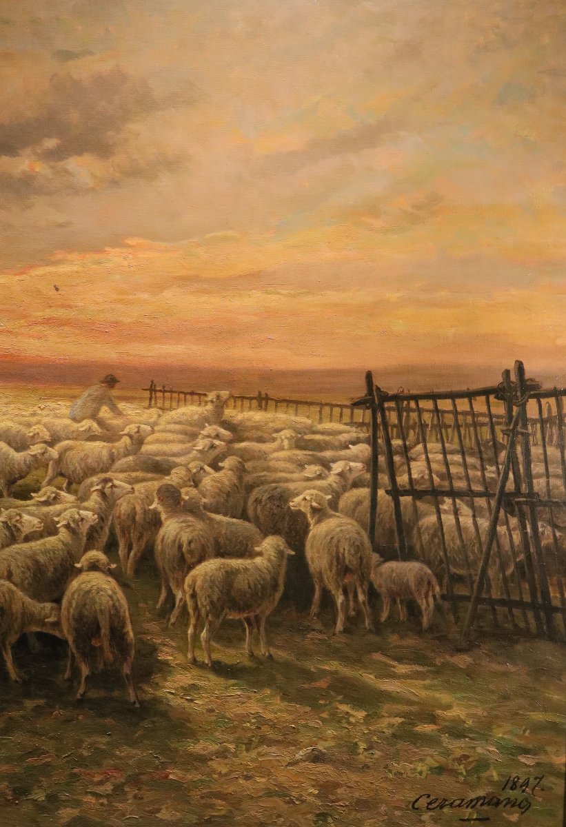 Paesaggio al tramonto con gregge al pascolo, Charles Ferdinand Ceramano (1829 – 1909)-photo-1