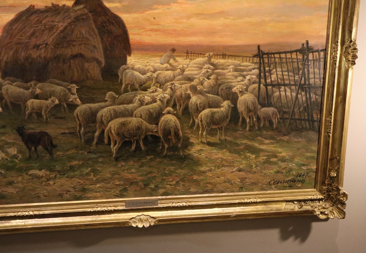 Paesaggio al tramonto con gregge al pascolo, Charles Ferdinand Ceramano (1829 – 1909)-photo-4
