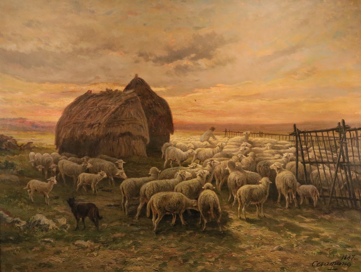 Paesaggio al tramonto con gregge al pascolo, Charles Ferdinand Ceramano (1829 – 1909)-photo-6