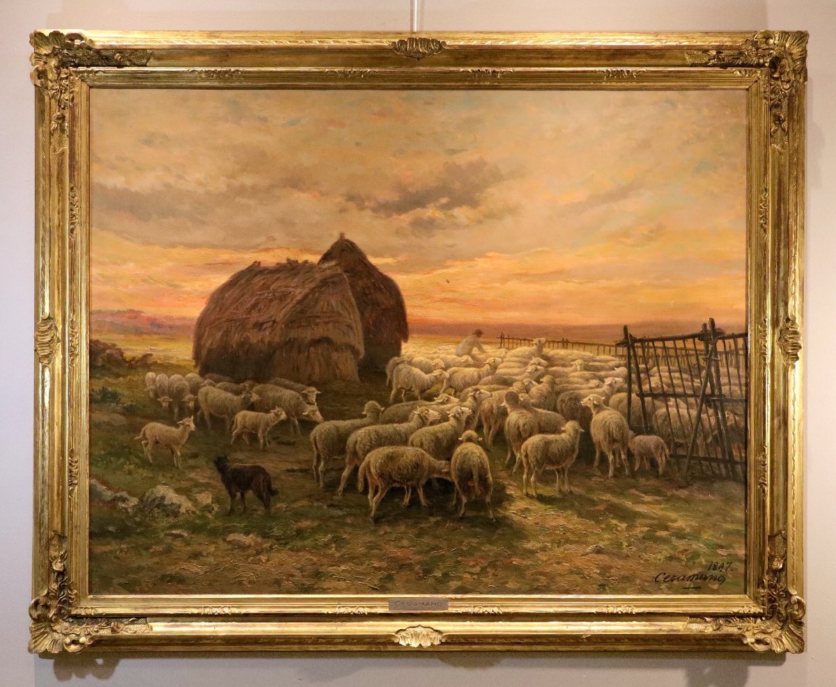 Paesaggio al tramonto con gregge al pascolo, Charles Ferdinand Ceramano (1829 – 1909)