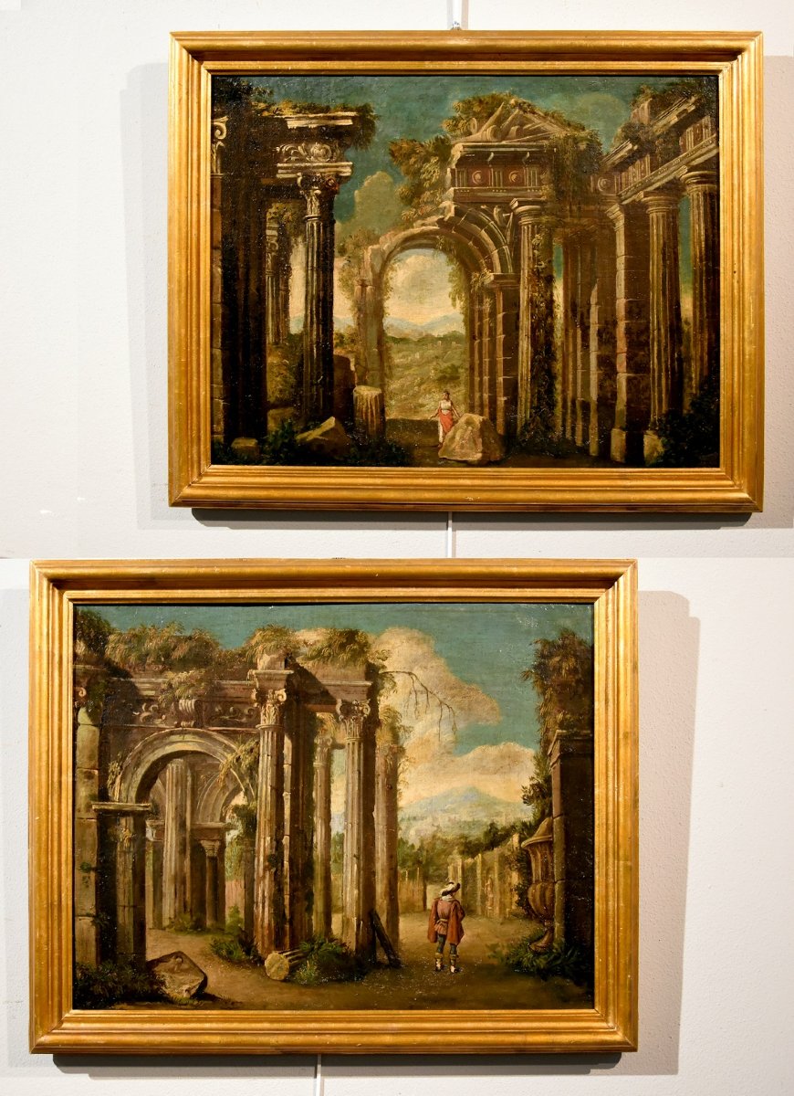 Coppia di capricci con rovine classiche, Niccolò Codazzi (Napoli 1642 - Genova 1693) seguace