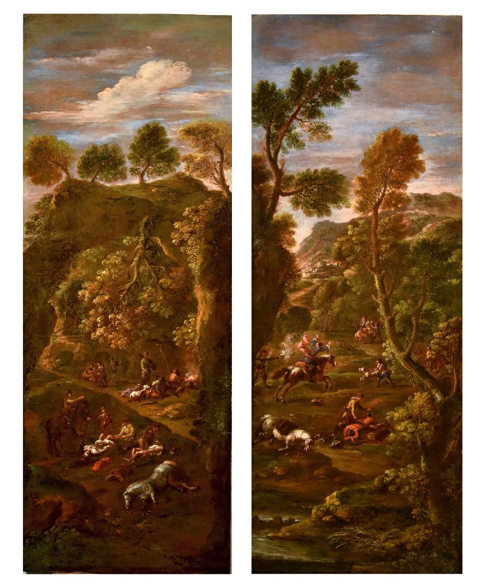 Pendant di dipinti 'L'assalto dei briganti' 'Dopo l’assalto', Giuseppe Zais 