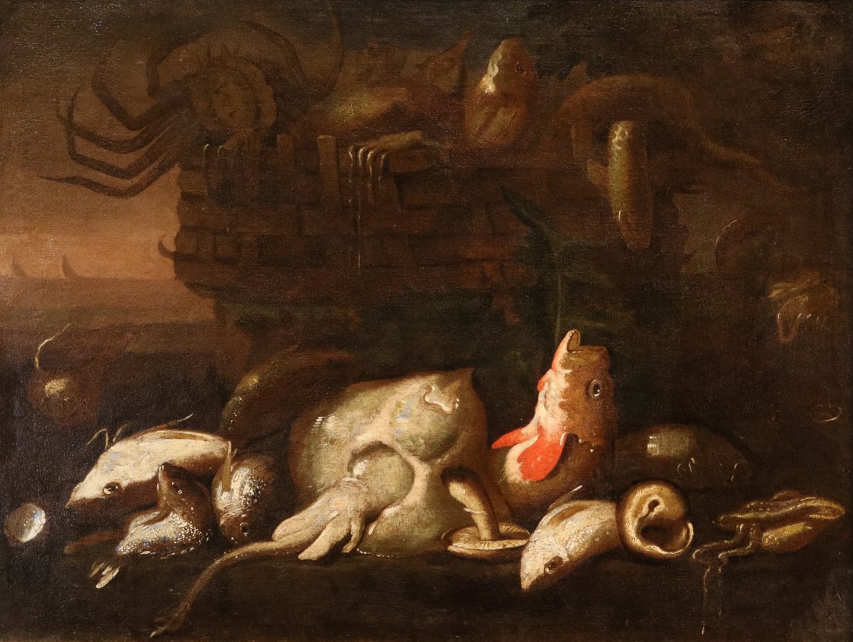 Elena Recco (Napoli, 1654 - 1700) Attribuito, Coppia di nature morte con pesci-photo-2