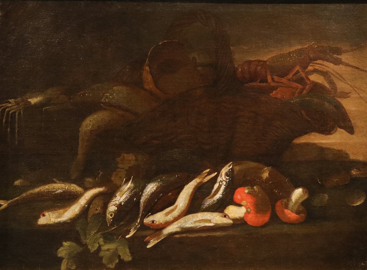 Elena Recco (Napoli, 1654 - 1700) Attribuito, Coppia di nature morte con pesci-photo-3