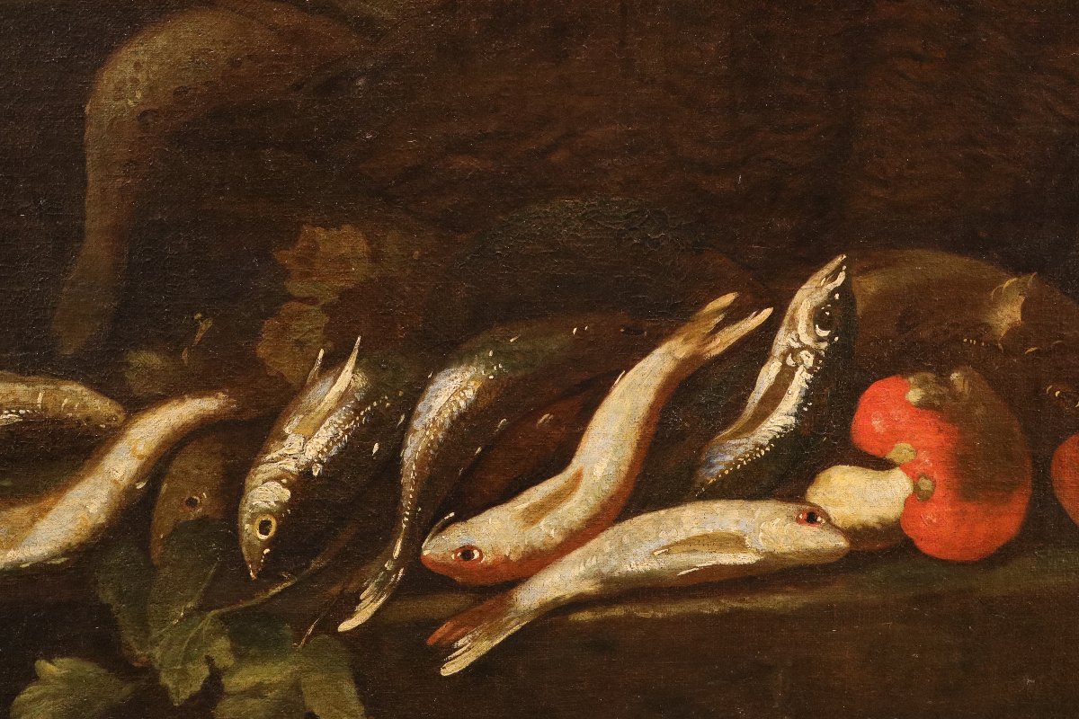 Elena Recco (Napoli, 1654 - 1700) Attribuito, Coppia di nature morte con pesci-photo-3