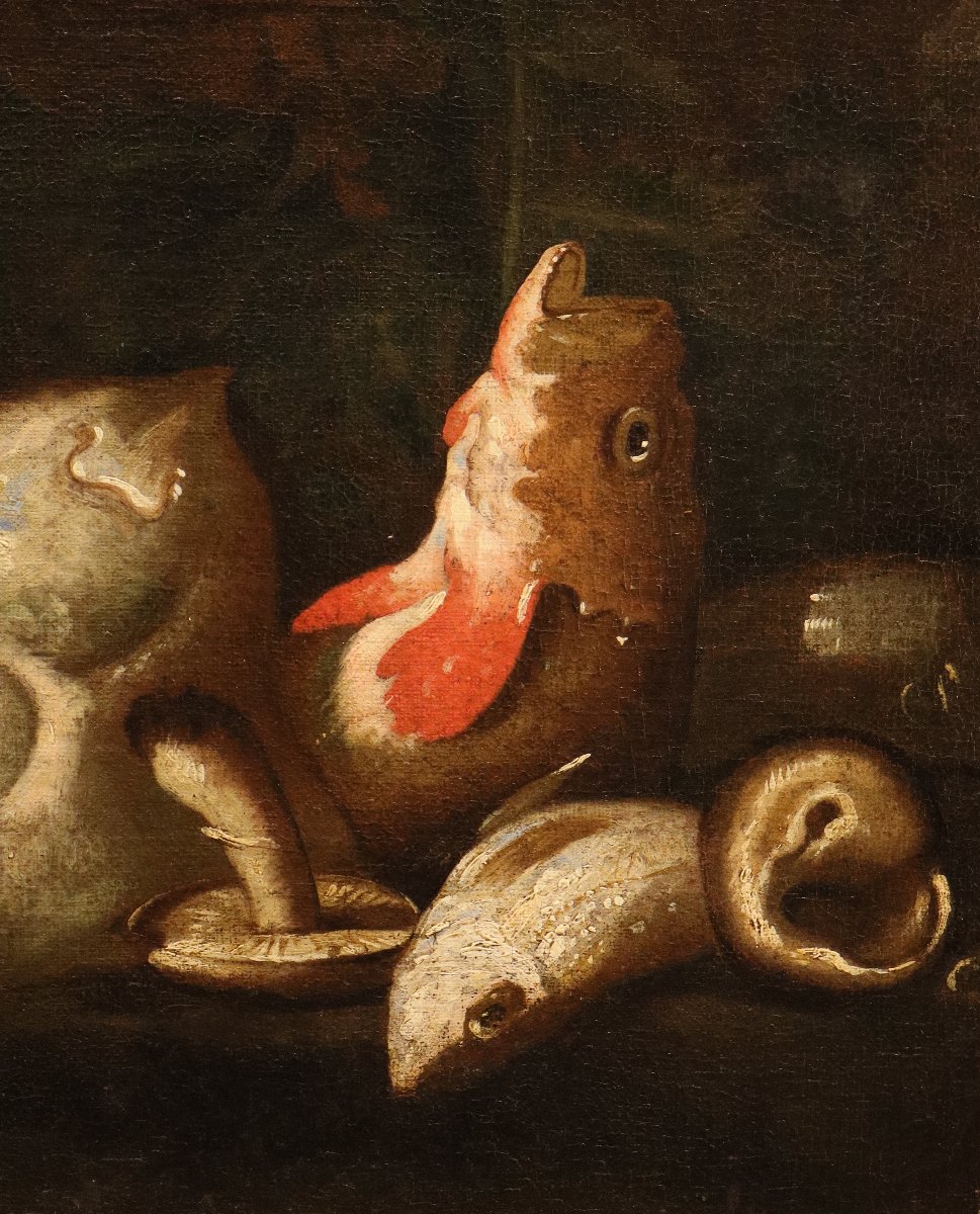 Elena Recco (Napoli, 1654 - 1700) Attribuito, Coppia di nature morte con pesci-photo-4