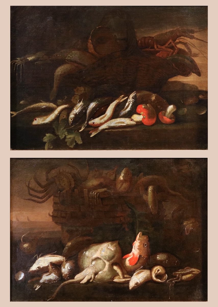 Elena Recco (Napoli, 1654 - 1700) Attribuito, Coppia di nature morte con pesci