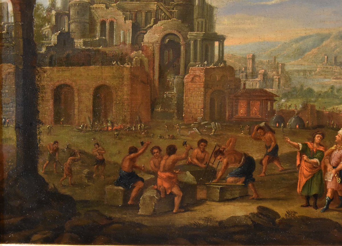 Costruzione della Torre di Babele, Pittore fiammingo XVII-XVIII secolo-photo-2