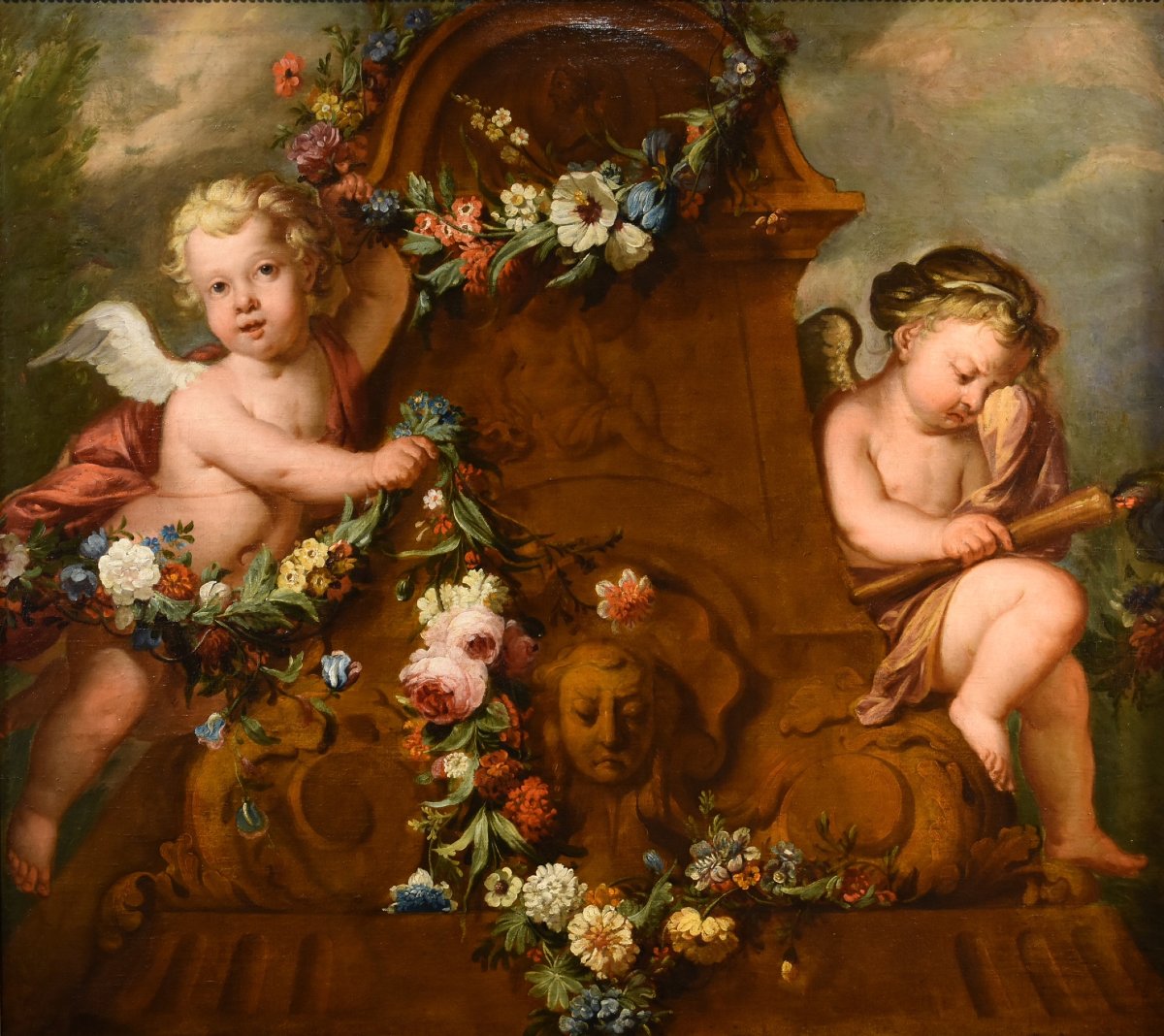 Jacob De Wit (Amsterdam, 1695 - 1754), Coppia di amorini con ghirlanda di fiori-photo-2