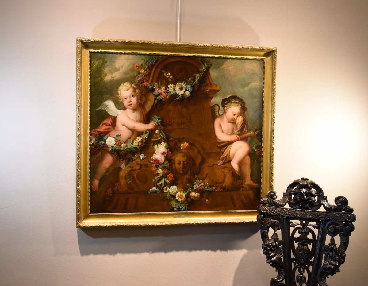Jacob De Wit (Amsterdam, 1695 - 1754), Coppia di amorini con ghirlanda di fiori-photo-3