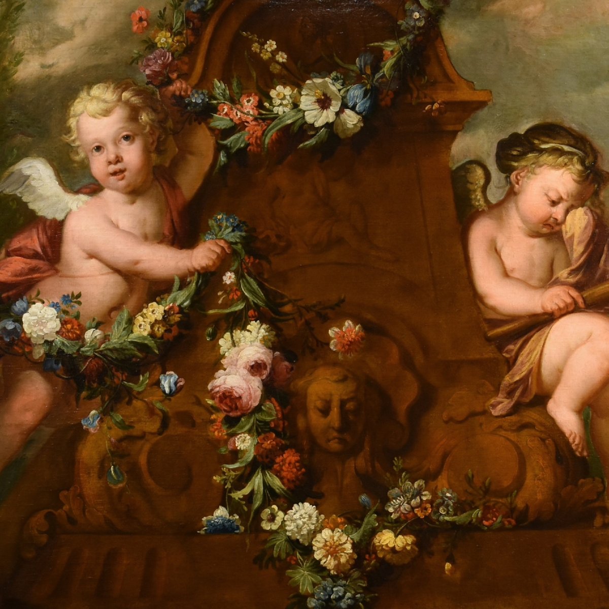Jacob De Wit (Amsterdam, 1695 - 1754), Coppia di amorini con ghirlanda di fiori-photo-1