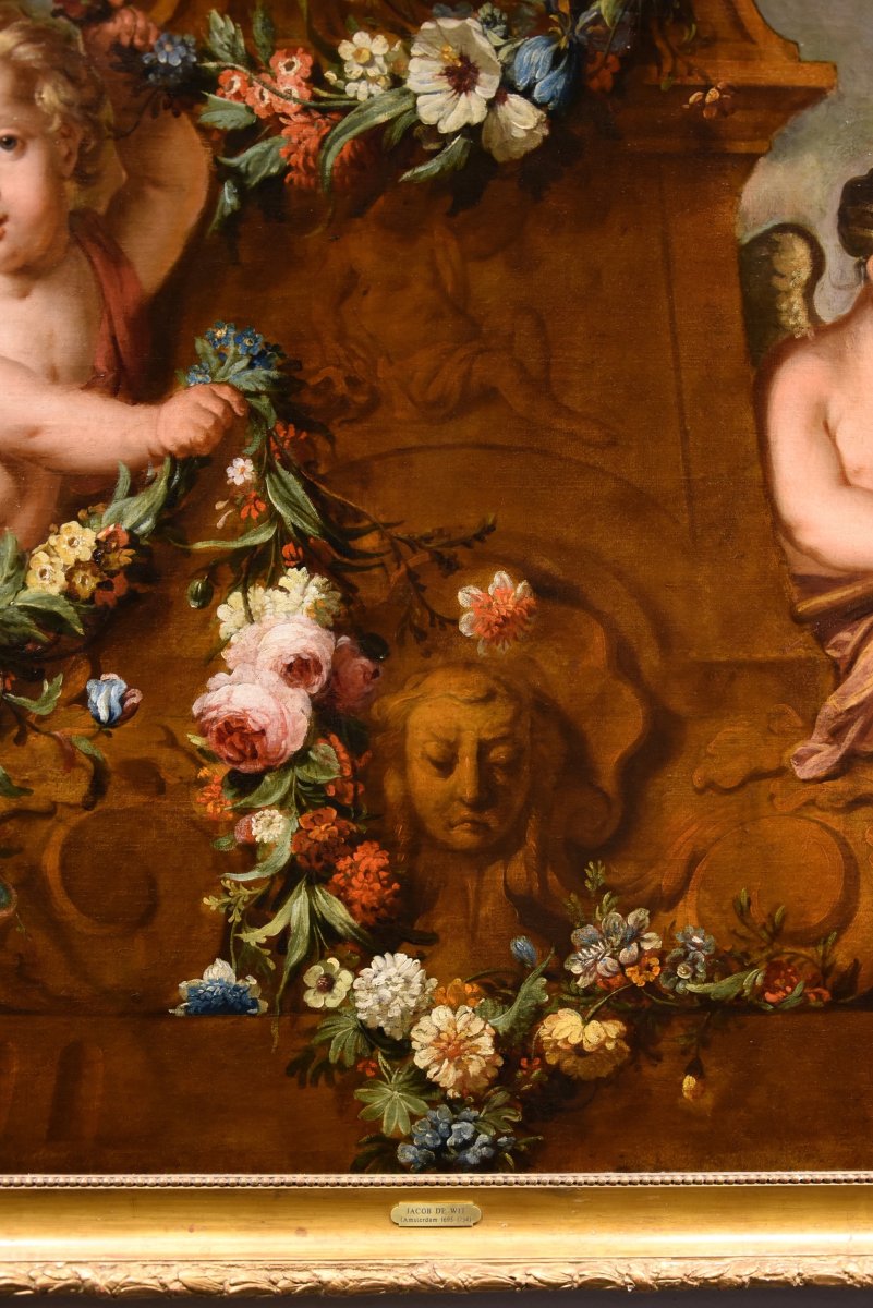 Jacob De Wit (Amsterdam, 1695 - 1754), Coppia di amorini con ghirlanda di fiori-photo-2