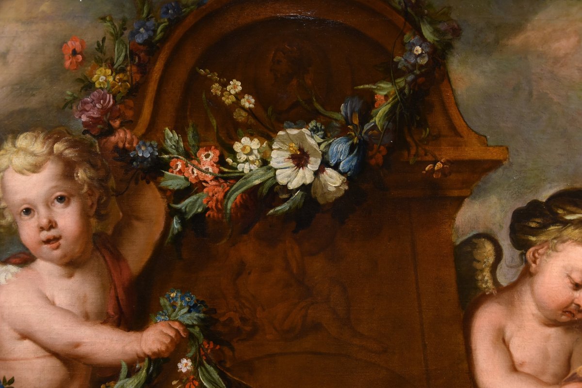 Jacob De Wit (Amsterdam, 1695 - 1754), Coppia di amorini con ghirlanda di fiori-photo-7