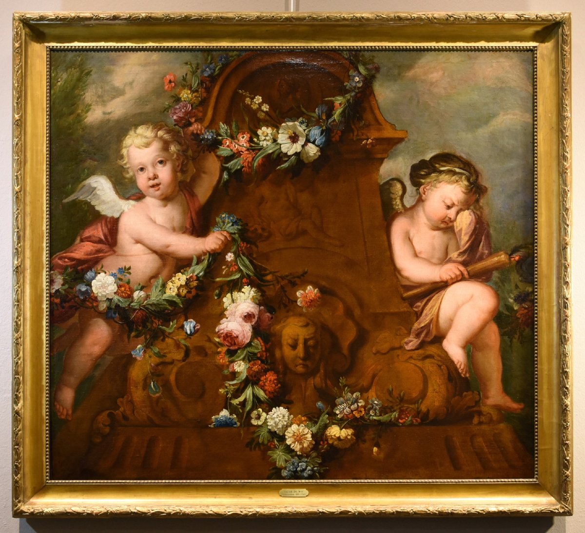 Jacob De Wit (Amsterdam, 1695 - 1754), Coppia di amorini con ghirlanda di fiori