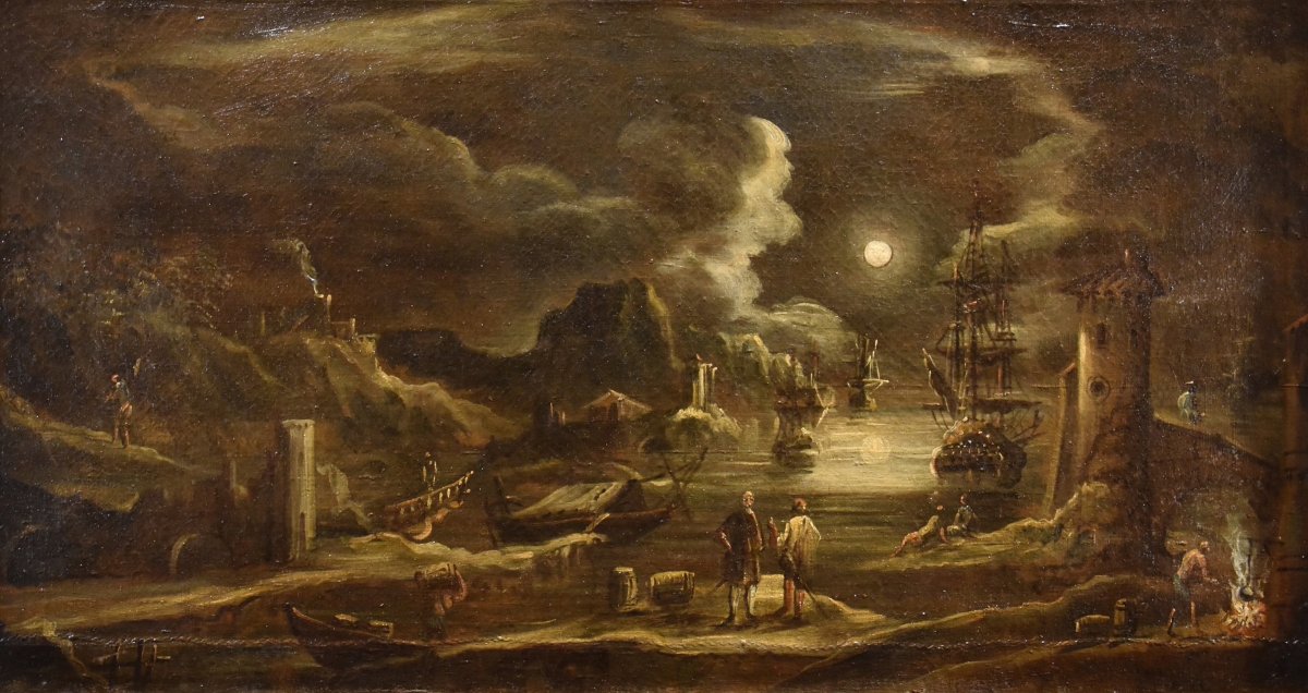 Veduta portuale al chiaro di luna, Giovanni Grevenbroeck  (Paesi Bassi, 1650 ca. – Milano 1699)