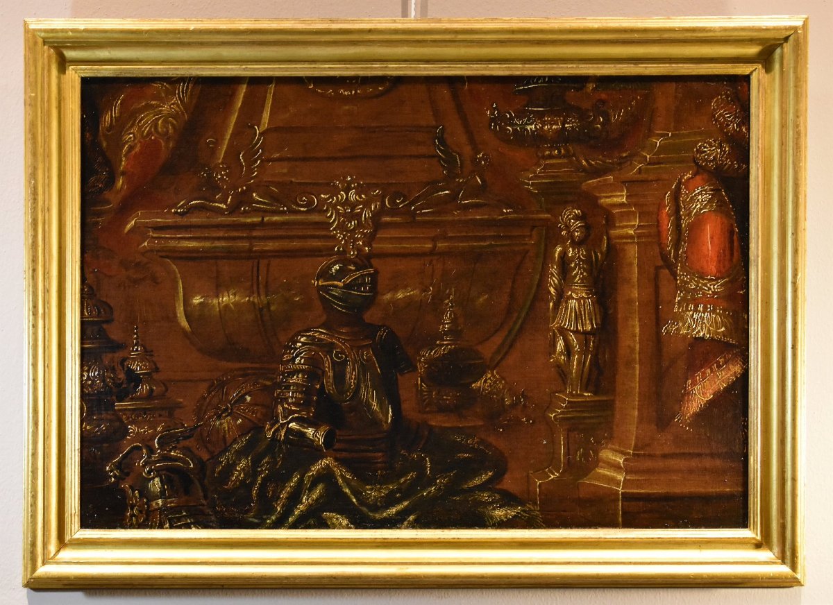 Antonio Tibaldi (Roma, 1635 c. - post 1675), Natura morta con armature, tendaggi ed 