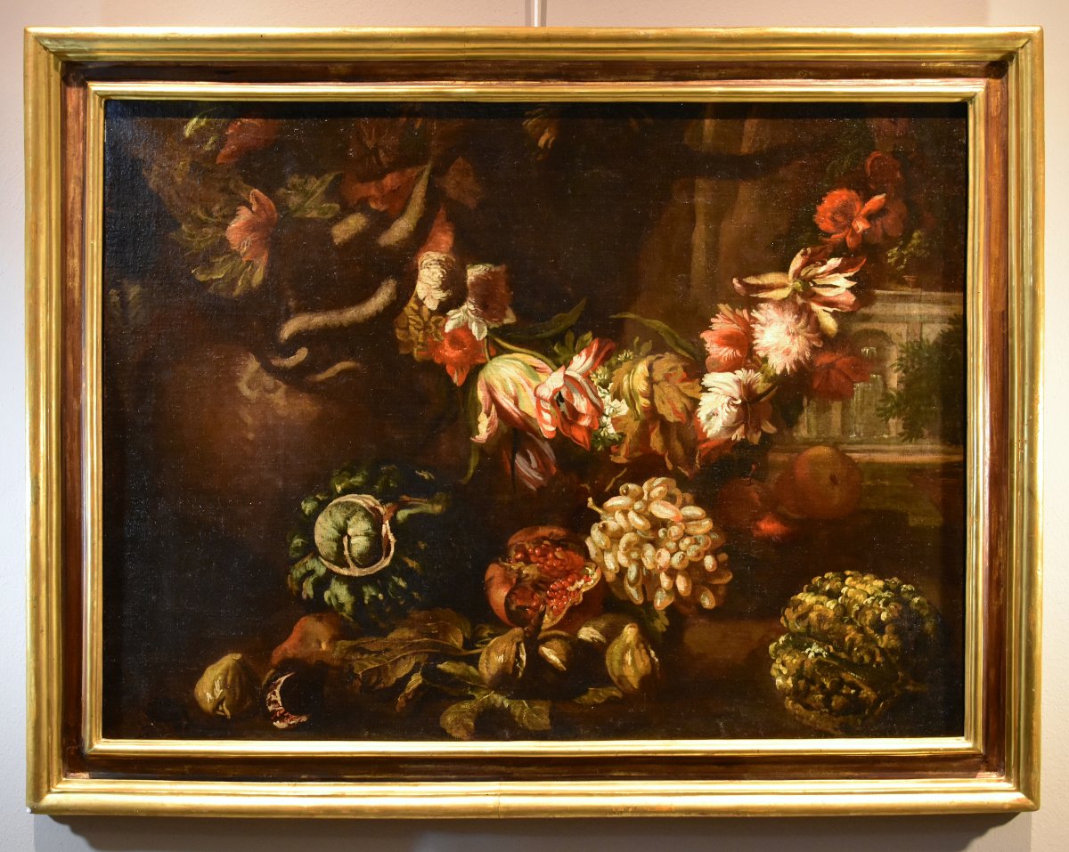 Natura morta con festone di fiori e frutta, Aniello Ascione (Napoli, notizie dal 1680 al 1708)-photo-2