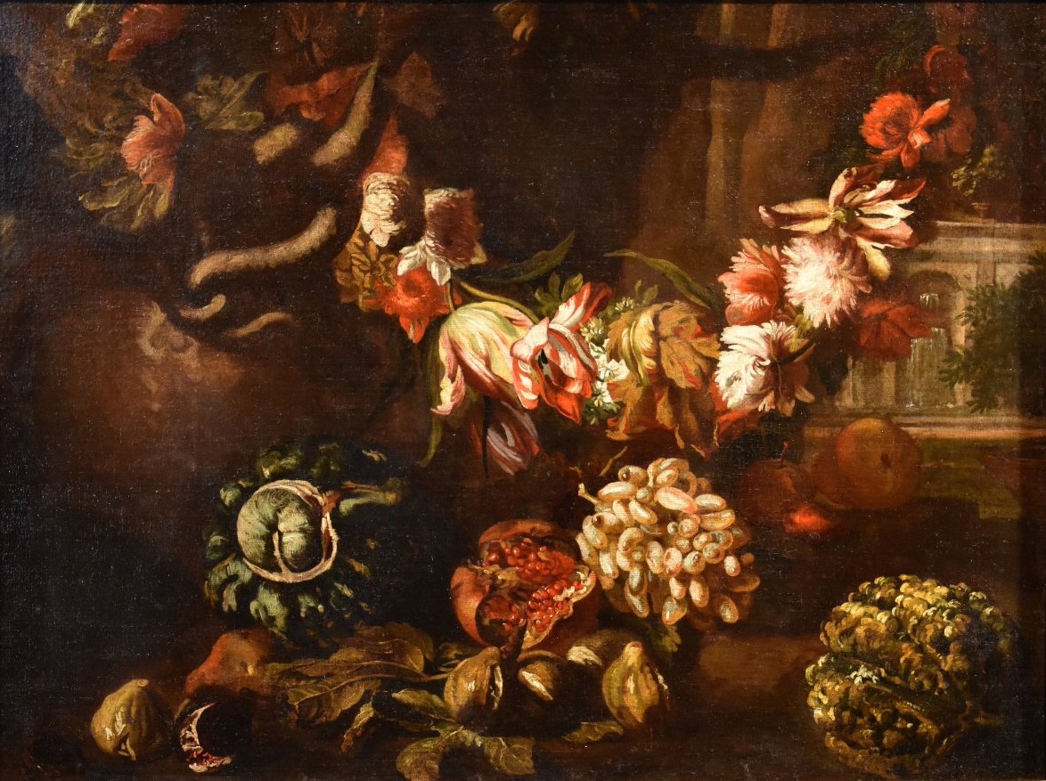 Natura morta con festone di fiori e frutta, Aniello Ascione (Napoli, notizie dal 1680 al 1708)