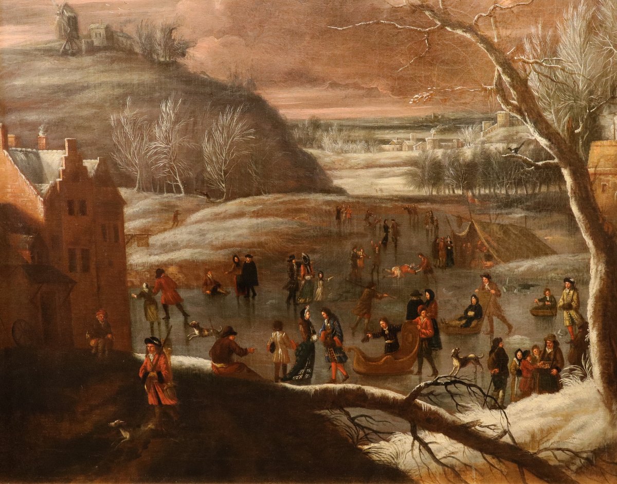 Paesaggio invernale con lago ghiacciato e pattinatori, Joseph van Bredael (1688 –1739)-photo-3