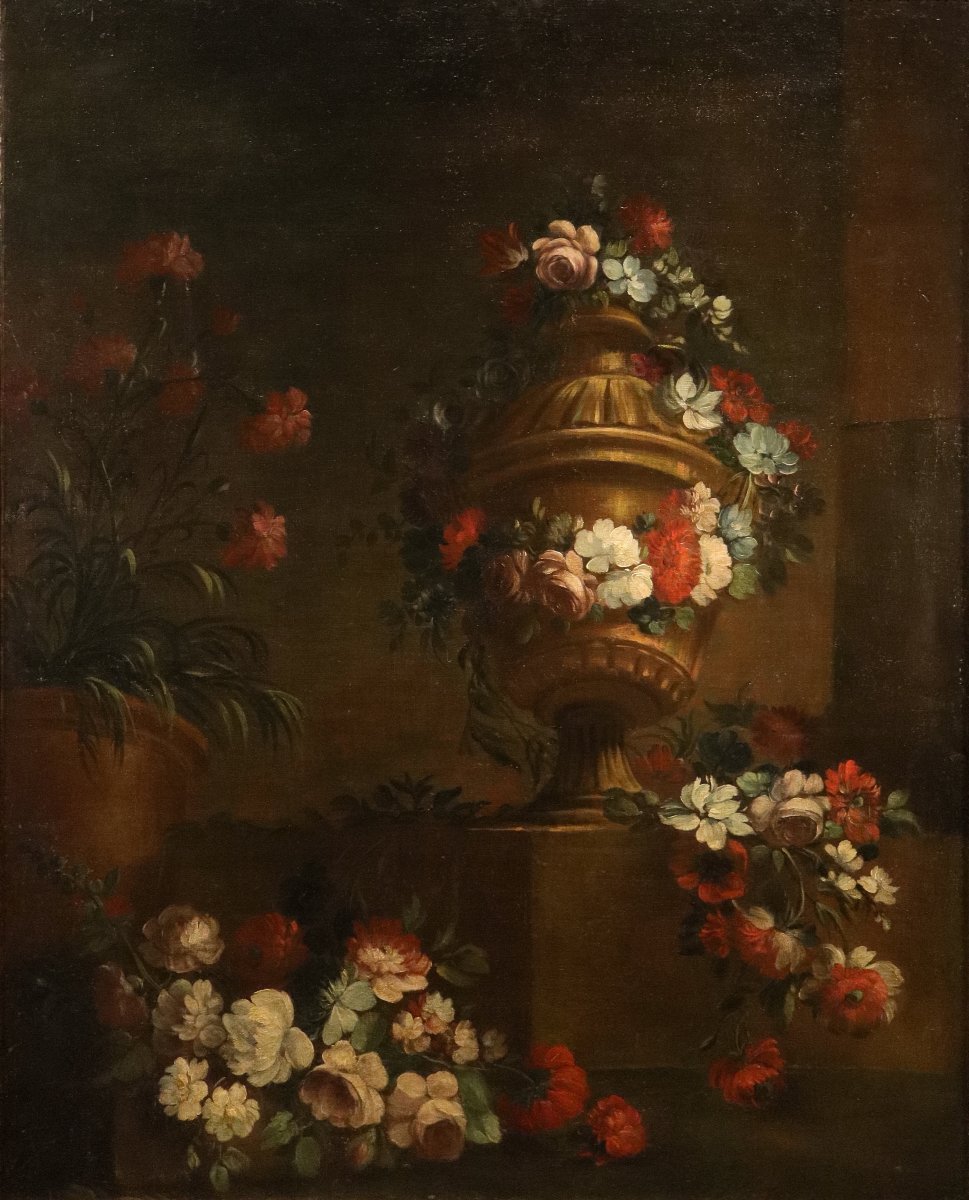 Pietro Francesco Gambone (Torino 1682 - 1737), Composizione di fiori con vaso di gusto classico-photo-2