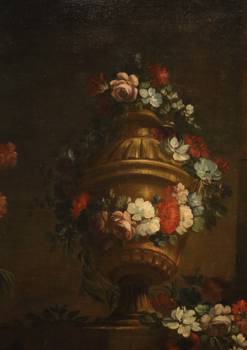 Pietro Francesco Gambone (Torino 1682 - 1737), Composizione di fiori con vaso di gusto classico-photo-2