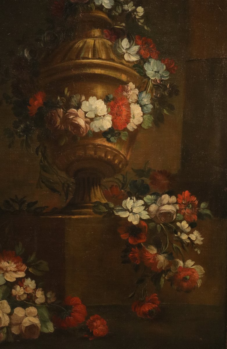 Pietro Francesco Gambone (Torino 1682 - 1737), Composizione di fiori con vaso di gusto classico-photo-4