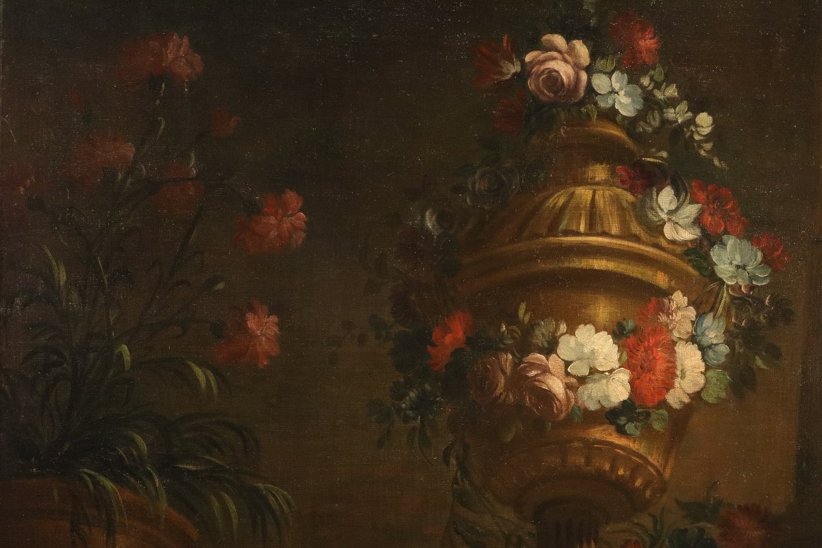Pietro Francesco Gambone (Torino 1682 - 1737), Composizione di fiori con vaso di gusto classico-photo-7